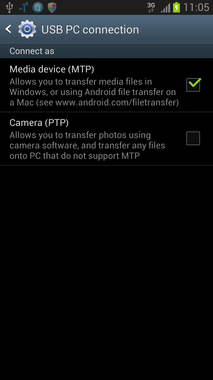 Android USB Computer connection dialog: MTP checked, PTP unchecked.